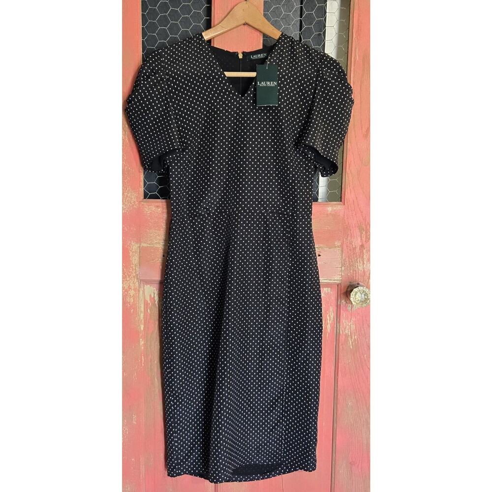 Lauren Ralph Lauren Black White Polka Dot Lined Dress SS Zip Midi NEW No Belt